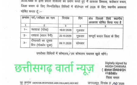 बस्तर जिले में वर्ष 2026 के लिए तीन स्थानीय अवकाशों की घोषणा,कलेक्टर श्री आकाश छिकारा ने जारी किया आदेश