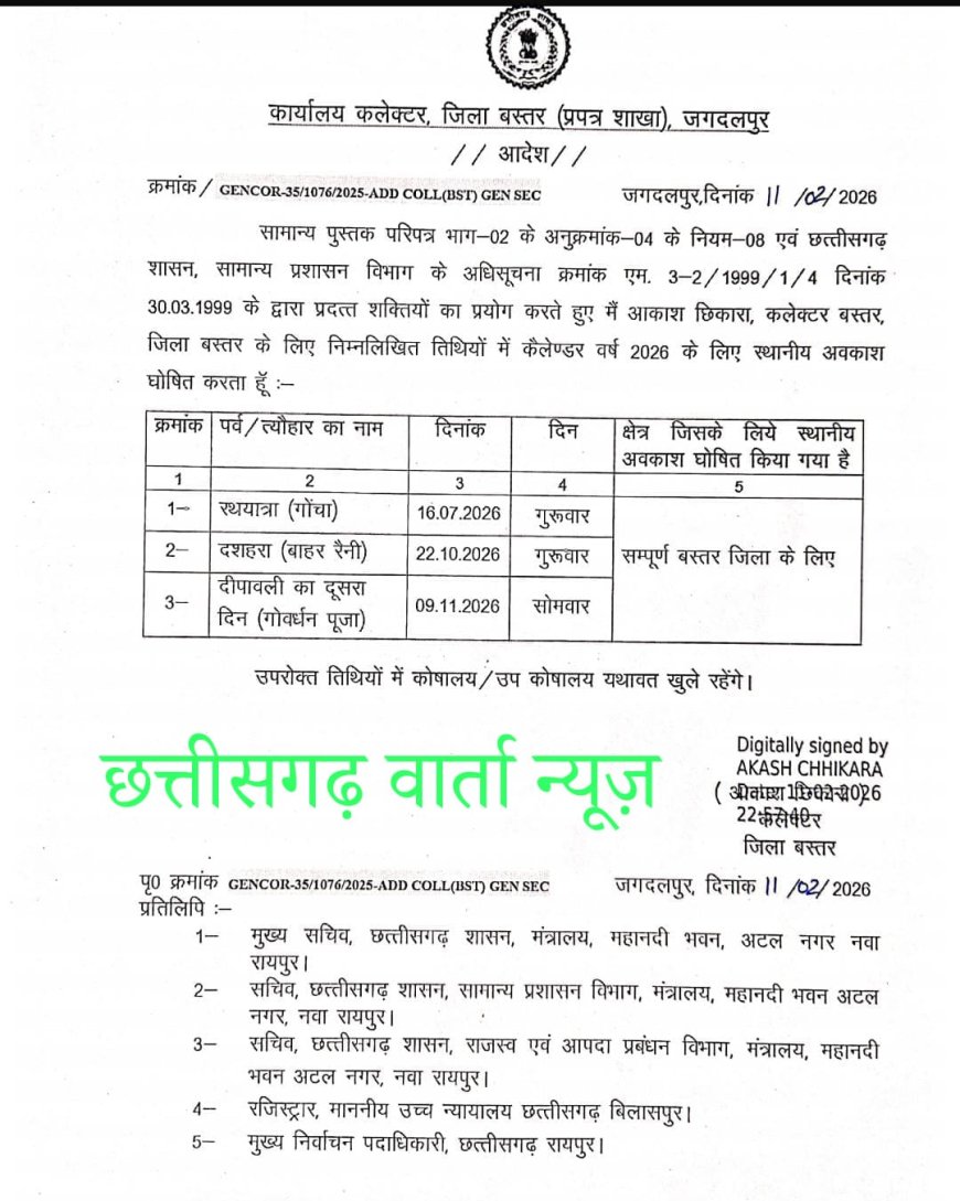 बस्तर जिले में वर्ष 2026 के लिए तीन स्थानीय अवकाशों की घोषणा,कलेक्टर श्री आकाश छिकारा ने जारी किया आदेश
