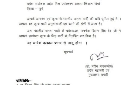 दुर्ग में भारतीय जनता पार्टी की छवि को धूमिल करने के आरोप में  विनायक ताम्रकर को पार्टी से निलंबित किया गया