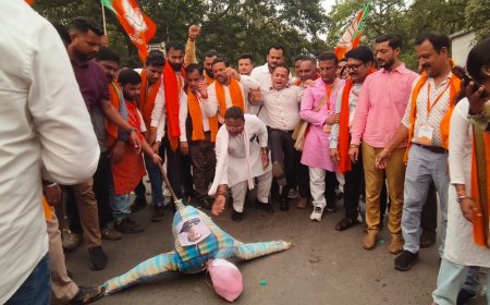 राहुल गांधी के अमर्यादित बयान के विरोध में भाजयुमो ने फूंका पुतला, कहा "संवैधानिक मर्यादाओं का अपमान बर्दाश्त नहीं"