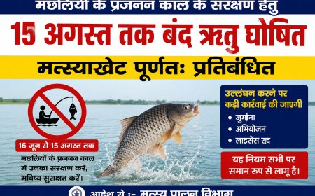 मछलियों के प्रजनन काल के संरक्षण हेतु 15 अगस्त तक बंद ऋतु घोषित