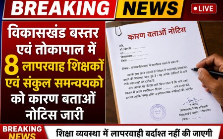 विकासखंड बस्तर एवं तोकापाल में 8 लापरवाह शिक्षकों एवं संकुल समन्वयको को कारण बताओं नोटिस जारी