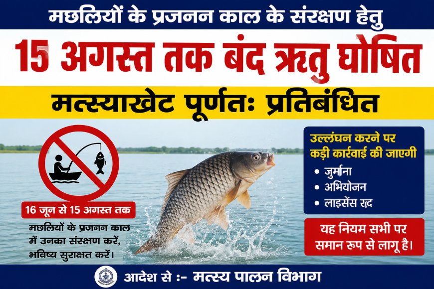 मछलियों के प्रजनन काल के संरक्षण हेतु 15 अगस्त तक बंद ऋतु घोषित
