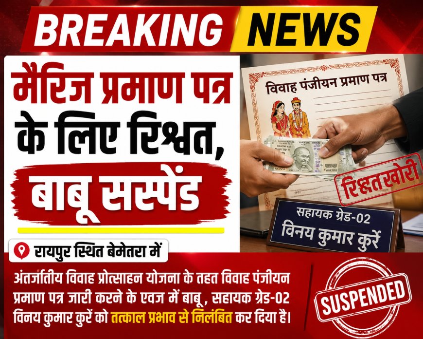 मैरिज प्रमाण पत्र के लिए रिश्वत, कलेक्टर ने सहायक ग्रेड–  2 बाबू  को किया सस्पेंड