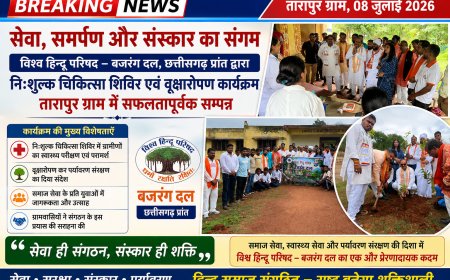 बजरंग दल, छत्तीसगढ़ प्रांत द्वारा सेवा सप्ताह के उपलक्ष्य में आयोजित निःशुल्क चिकित्सा शिविर एवं वृक्षारोपण कार्यक्रम तारापुर ग्राम में सफलतापूर्वक सम्पन्न हुआ।
