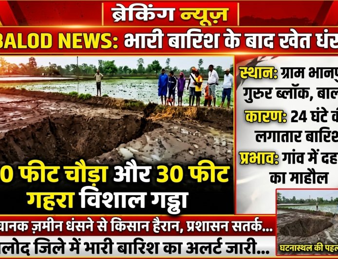 बारिश के बाद खेत धंसा, 20 फीट चौड़ा और 30 फीट गहरा गड्ढा बना, गांव में दहशत