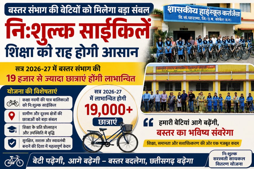 बस्तर संभाग की बेटियों को मिलेगी निःशुल्क साईकिलें, सत्र 2026-27 में 19 हजार से ज्यादा छात्राएं होंगी लाभान्वित