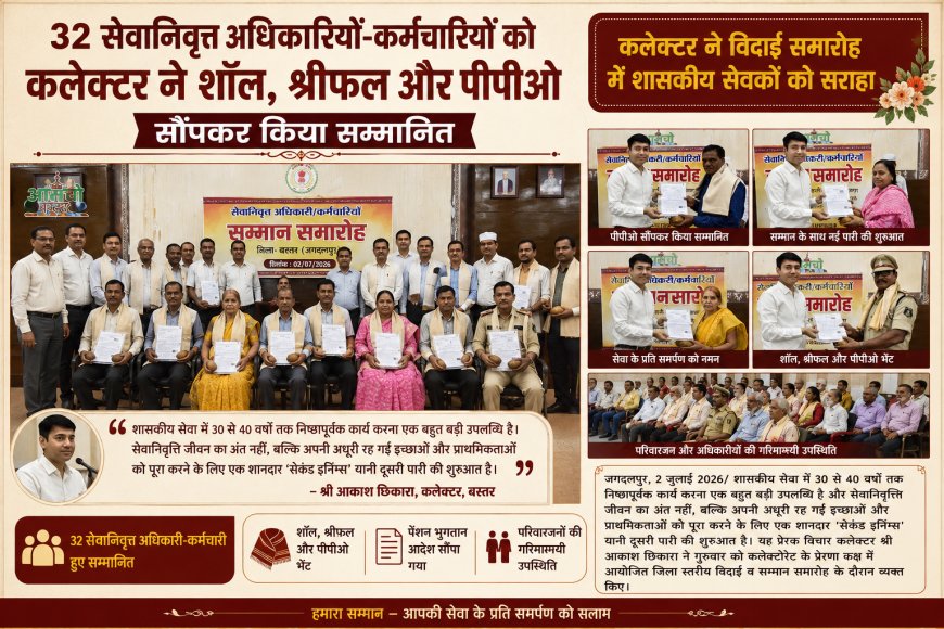 32 सेवानिवृत्त अधिकारियों-कर्मचारियों को कलेक्टर ने शॉल, श्रीफल और पीपीओ सौंपकर किया सम्मानित