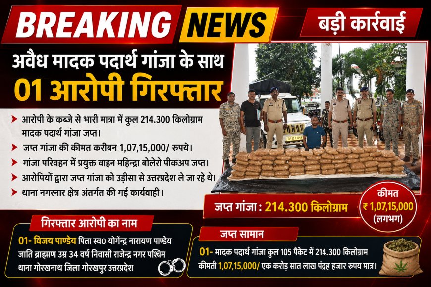 गांजा परिवहन में  महिन्द्रा बोलेरो पीकअप में अवैध मादक पदार्थ गांजा के साथ 01 आरोपी गिरफ्तार।
