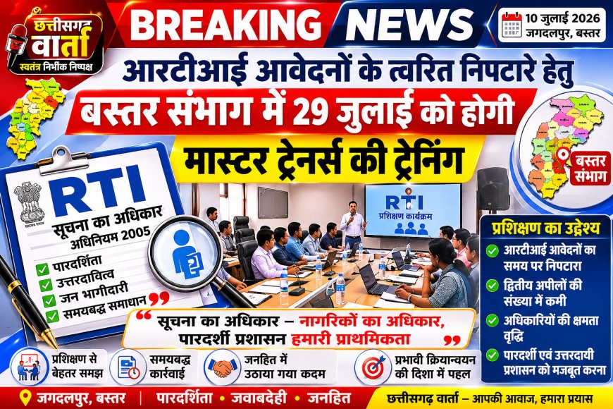 आरटीआई आवेदनों के त्वरित निपटारे हेतु बस्तर संभाग में 29 जुलाई को होगी मास्टर ट्रेनर्स की ट्रेनिंग