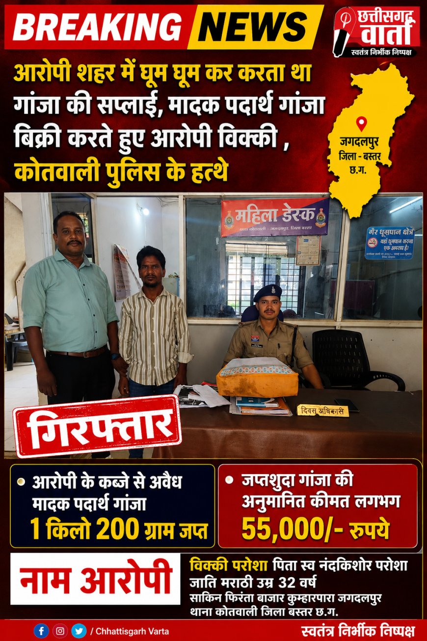 शहर में घूम घूम कर गांजा का  सप्लाई करने वाले को कोतवाली पुलिस ने किया गिरफ्तार