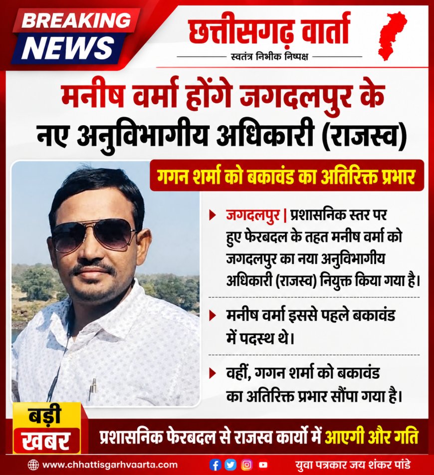 मनीष वर्मा होंगे जगदलपुर के नए अनुविभागीय अधिकारी (राजस्व), गगन शर्मा को बकावंड का अतिरिक्त प्रभार