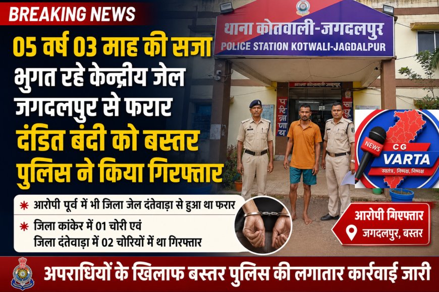 05 वर्ष 03 माह की सजा भुगत रहे केन्द्रीय जेल जगदलपुर से फरार दंडित बंदी को बस्तर पुलिस ने किया गिरफ्तार