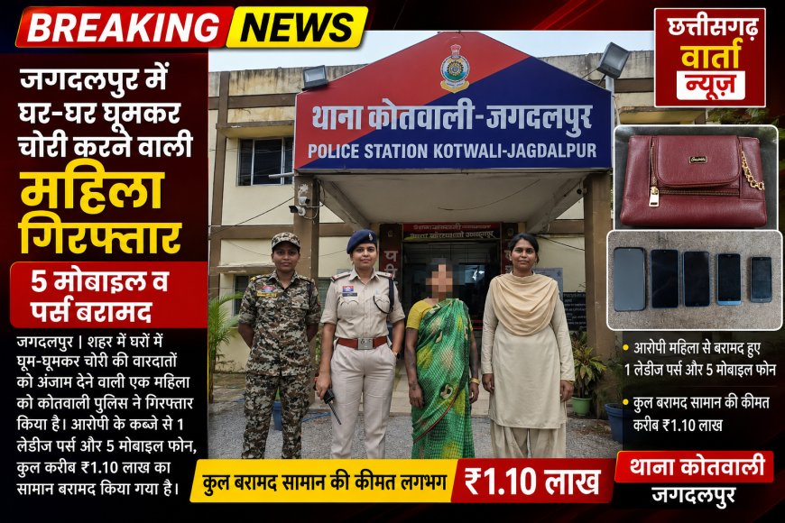 जगदलपुर में घर-घर घूमकर चोरी करने वाली महिला गिरफ्तार, 5 मोबाइल व पर्स बरामद