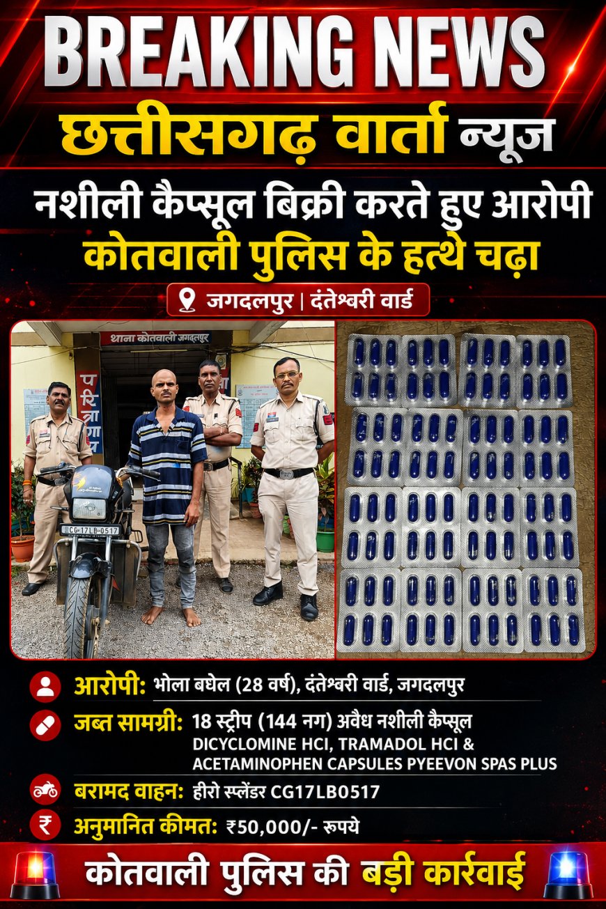 नशीली कैप्सूल बिक्री करते हुए दन्तेश्वरी वार्ड जगदलपुर का आरोपी को कोतवाली पुलिस ने किया गिरफ्तार।