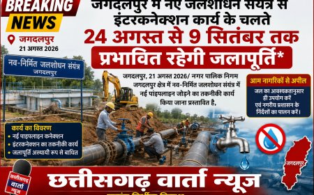 जगदलपुर में नए जलशोधन संयंत्र से इंटरकनेक्शन कार्य के चलते 24 अगस्त से 9 सितंबर तक प्रभावित रहेगी जलापूर्ति