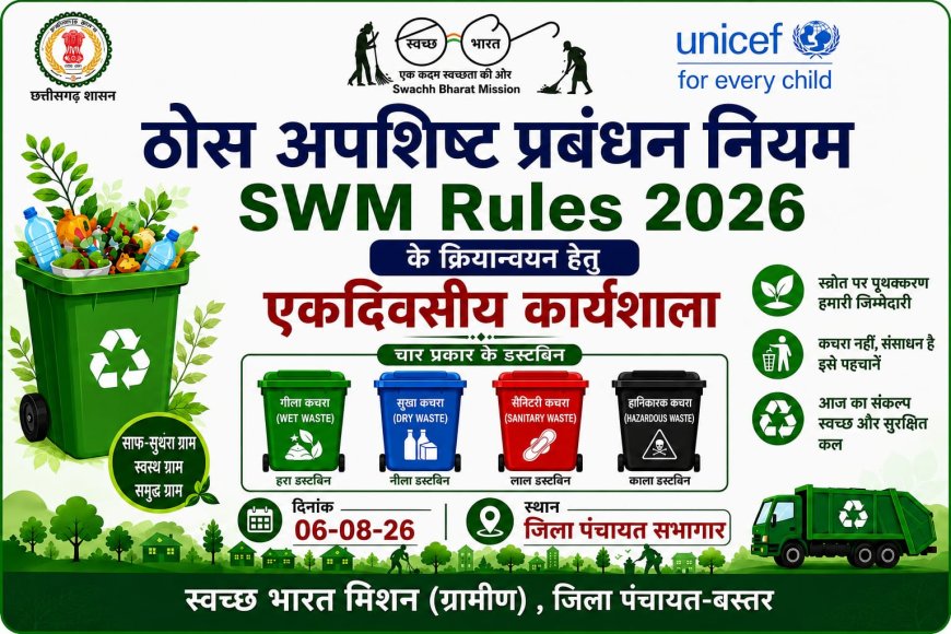 बस्तर की 21 ग्राम पंचायतों को स्वच्छ और सुंदर बनाने की बड़ी पहल, 06 अगस्त को ठोस अपशिष्ट प्रबंधन पर एक दिवसीय प्रशिक्षण कार्यशाला