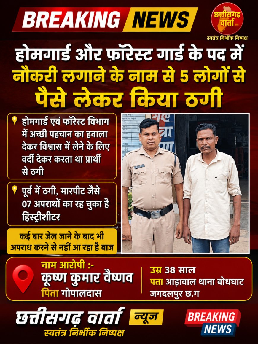 होमगार्ड और फॉरेस्ट गार्ड  के पद में नौकरी लगाने के नाम से 5 लोगों से पैसे लेकर  ठगी करने वाले आरोपी को पुलिस ने किया गिरफ्तार
