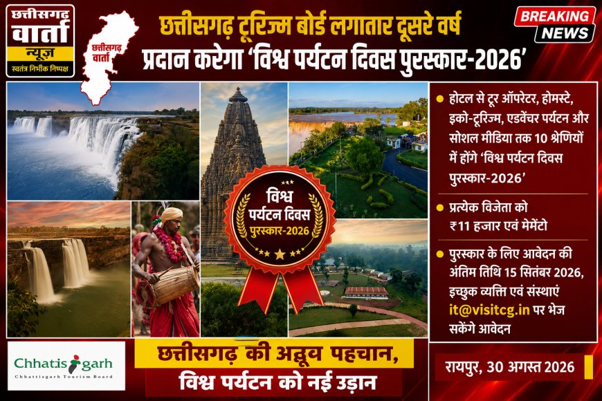 छत्तीसगढ़ टूरिज्म बोर्ड लगातार दूसरे वर्ष प्रदान करेगा ‘विश्व पर्यटन दिवस पुरस्कार-2026’