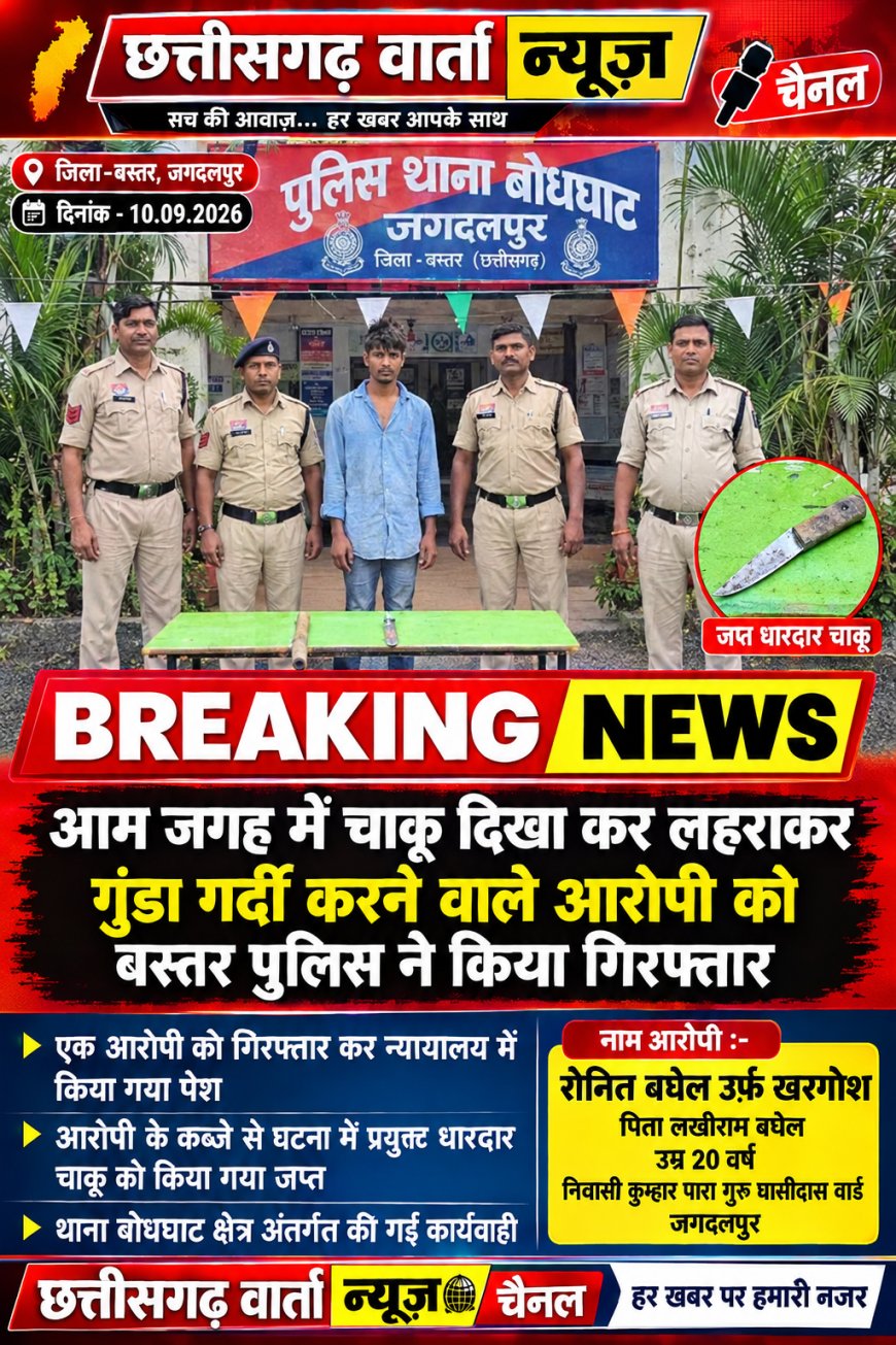 खुलेआम चाकू दिखा कर लहराकर गुंडा गर्दी करने वाले आरोपी को बस्तर पुलिस ने किया गिरफ्तार